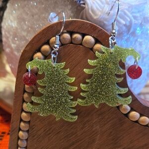 Grinch Theme Glittery Green Christmas Tree Earrings